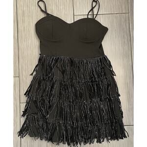 Trixxi Black Dress With Silver Fringe Bodice Top Size Medium Party Dance